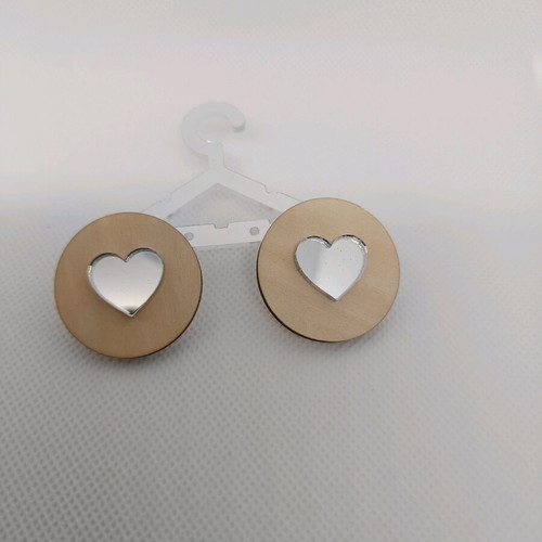 Wooden earrings with plexiglass hearts new, stainless steel clasp