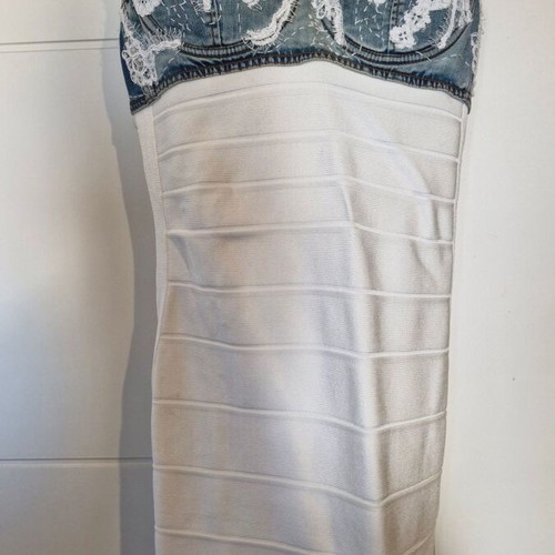 Cinema dress by Panos Zinas, white mini bandage with denim straps and details