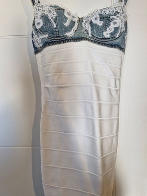 Cinema dress by Panos Zinas, white mini bandage with denim straps and details