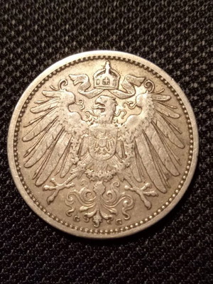 Ασημένιο Γερμανικό 1 Mark Wilhelm II type 2 μικρή ασπίδα 1907G σαν καινούργιο