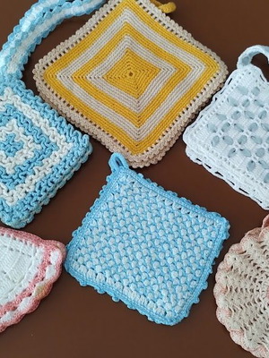 Handmade Crochet Kitchen Pot Holders Set of 7, pastel colors