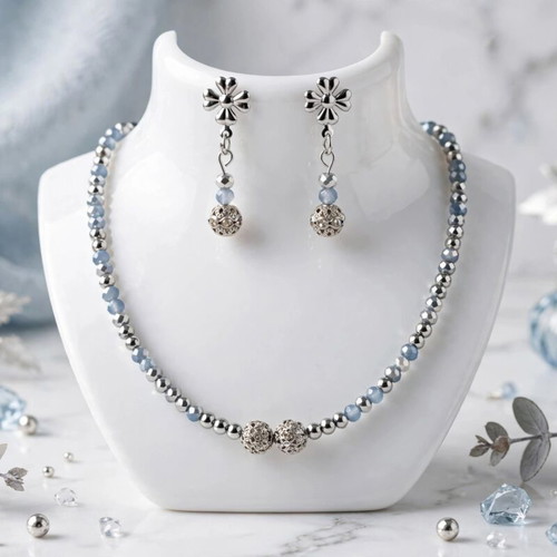 Handmade crystal beaded elegant jewelry set, new, gray and silver
