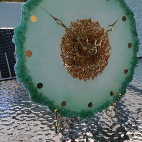 Table clock with epoxy resin and natural aventurine, new