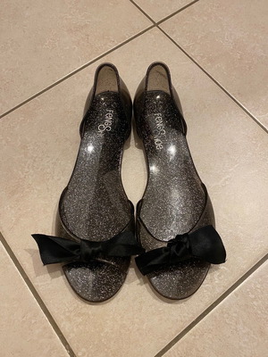 Μπαλαρίνες peep toe pvc FengShoe μεταχειρισμένες, μαύρο διάφανο με glitter