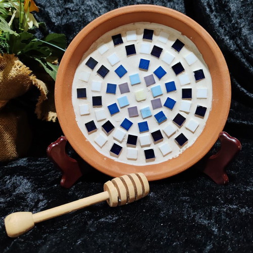 Domi handmade ceramic plate with glass mosaic and wooden honey spoon