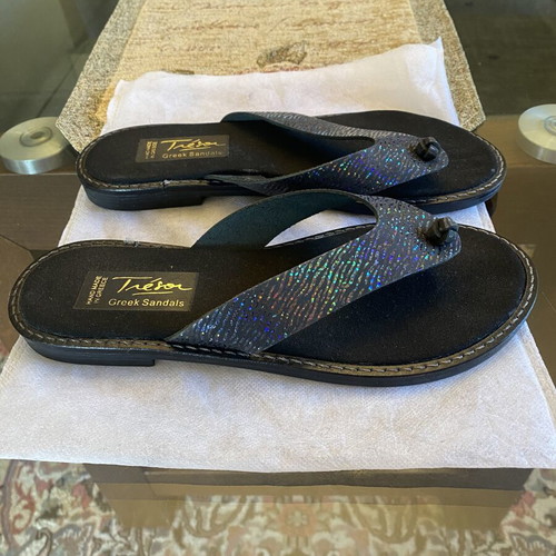 Tresor Greek Sandals leather flip-flops new, black and blue