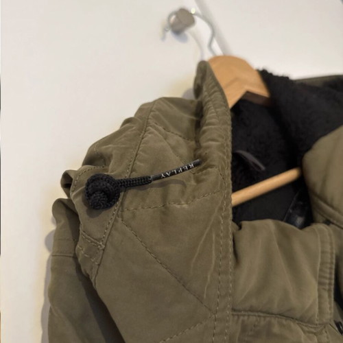 Replay long jacket with hood and fur lining, size S