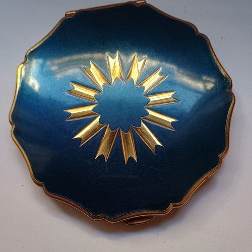 Vintage Stratton powder case used with mirror, blue and gold enamel