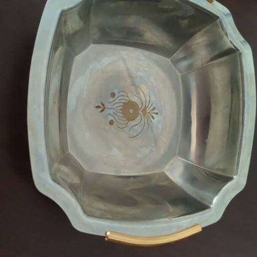 Vintage stainless steel serving bowl with gold handles and 24K engraved motif