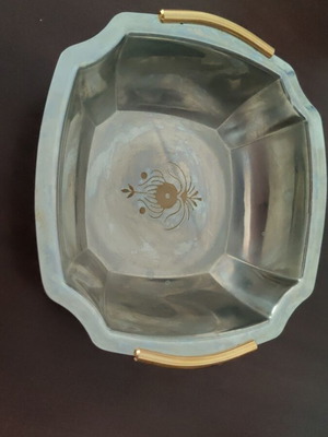 Vintage stainless steel serving bowl with gold handles and 24K engraved motif