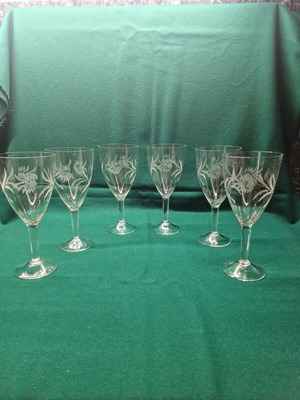 Vintage stemmed water glasses with engraved design like new