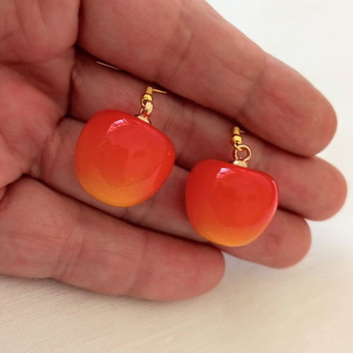 Cherry dangle earrings new, acrylic resin, orange and gold