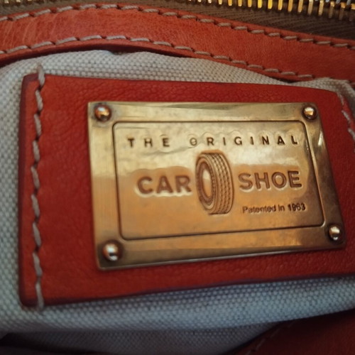 Car Shoe leather shoulder bag used, vintage patina, orange and gold