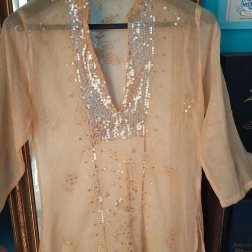 Sheer blouse with sequins, salmon color, 3/4 sleeve