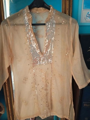 Sheer blouse with sequins, salmon color, 3/4 sleeve