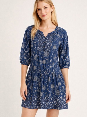 H&M blouse dress dark blue with white flowers like new