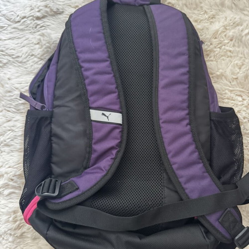 Puma backpack used, purple sports bag with mesh pockets