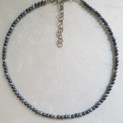 Blue Glass Pearl and Hematite Necklace stainless steel, like new