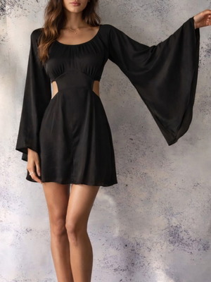 Black mini dress used with open back and bell sleeves, size S