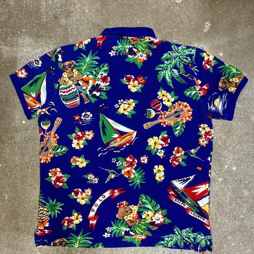 Polo Ralph Lauren Teddy Bear Polobear Hawaii Flower Print Polo Shirt, M, Blue