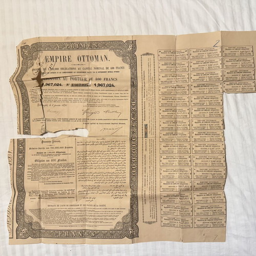 Authentic Ottoman Empire 400 Francs Bond, Constantinople 1870