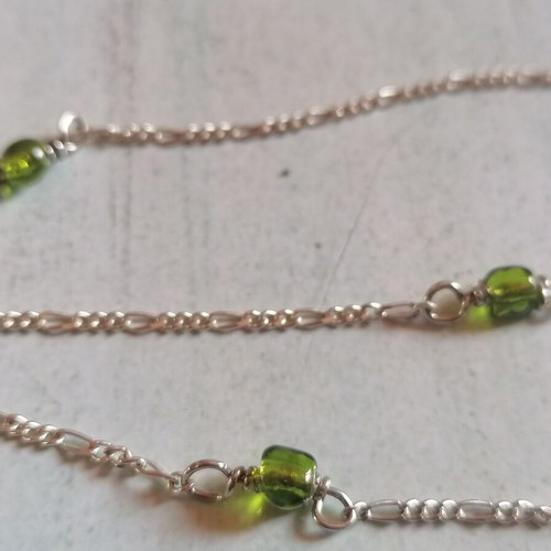 925 Silver Anklet with Figaro Chain and Green Beads new