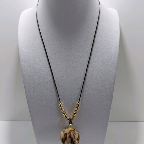 Handmade necklace with fuzzy animal print ball and stainless steel beads