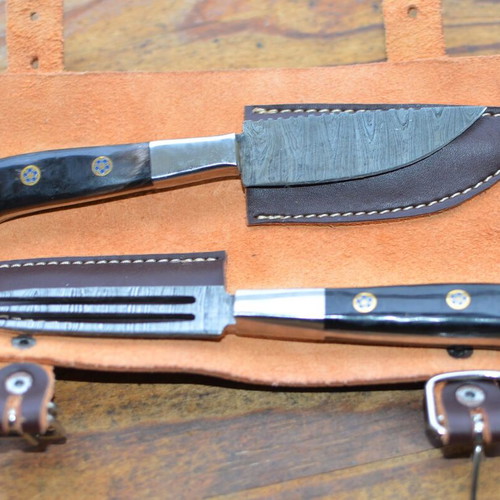 Damascus Hand Forged Knife and Fork BBQ Hunting Set New