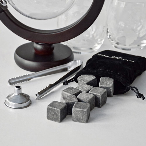 Glass decanter with globe design and accessories, new