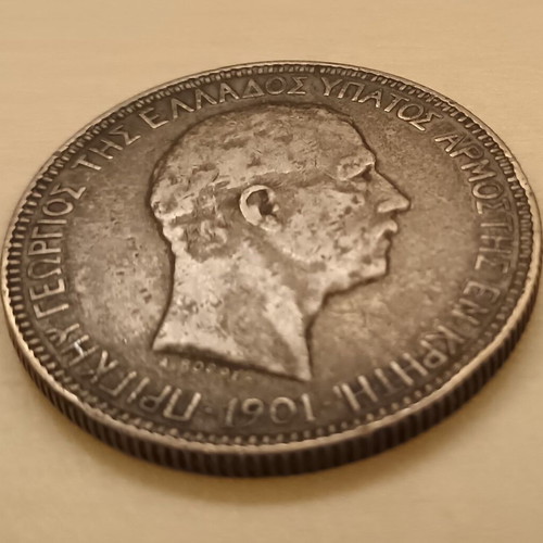 5 Drachmae 1901 Cretan State coin used, VF 25-30 condition