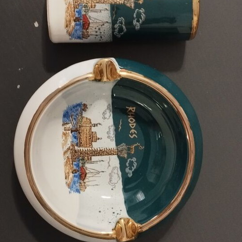 Vintage ashtray and lighter case set Rhodes handmade with 24K gold