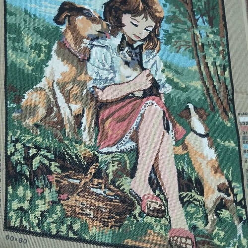 Handmade cross-stitch embroidery 60×80 with girl and pets