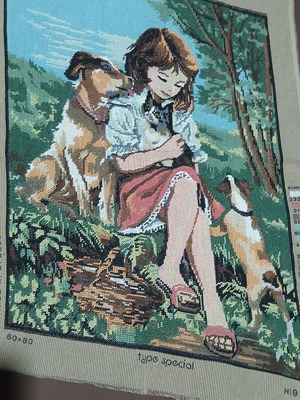 Handmade cross-stitch embroidery 60×80 with girl and pets