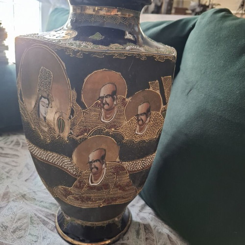 Japanese Kutani decorative vase used, 38 cm, Moriage cobalt blue
