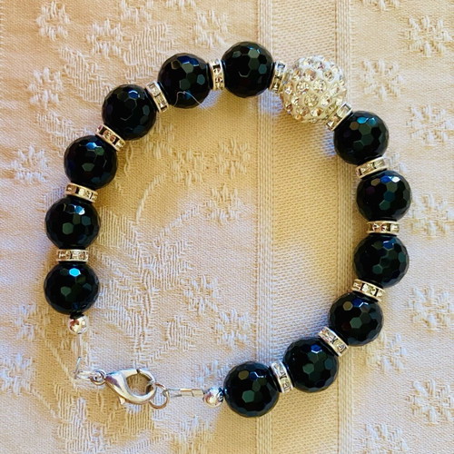 Black Onyx Bracelet with Rhinestone Spacers and Silver Elements, New