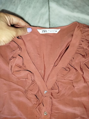 Zara satin blouse with ruffles size S like new, coral pink