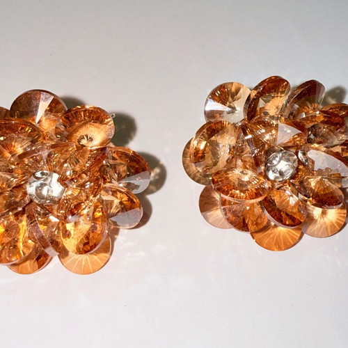 Earrings vintage with amber-colored crystals like new, gold tone