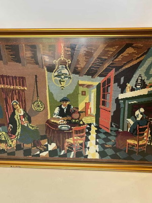 Vintage χειροποίητος κεντητός πίνακας Γκομπλέν "Το Πανδοχείο" με χρυσή κορνίζα 53x80