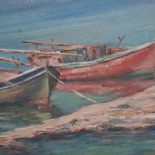 Nikos Maniatis Seascape with Traditional Boats Oil Painting on Hardboard