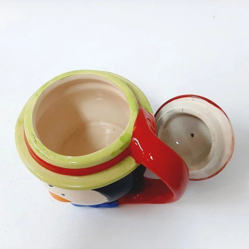 Vintage Glazed Ceramic Mug with Lid Hand Painted Penguin Design