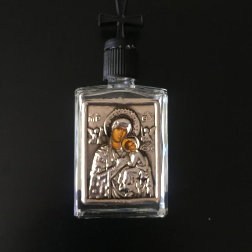Holy Water Bottle new, glass with metal Virgin Mary decoration