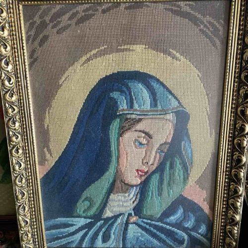 Vintage handmade embroidery of Virgin Mary in gold frame like new