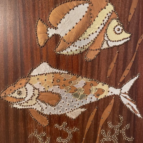 Metal Art Handmade Wall Art with Sea Life on Wooden Plaque