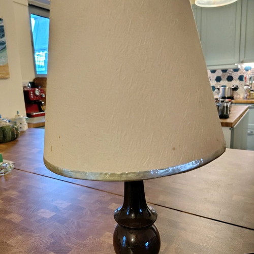 Wooden lamp with warm-colored shade like new