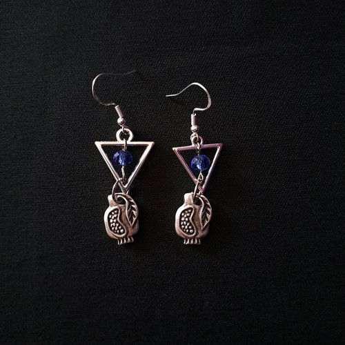 Handmade earrings with blue crystal and pomegranate, new