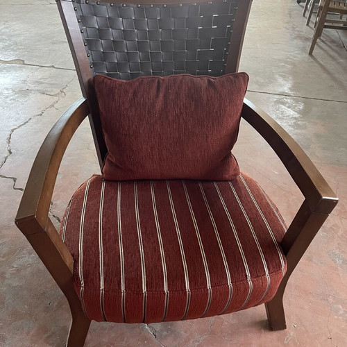 Living room armchair with woven leather back used, solid wood frame