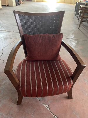Living room armchair with woven leather back used, solid wood frame