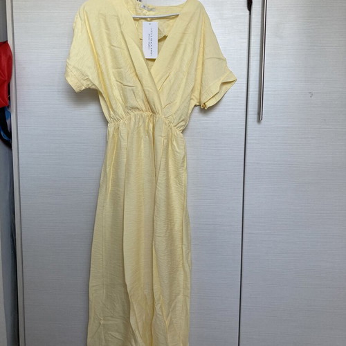 Yellow dress one size with leg slit and waist shirring new