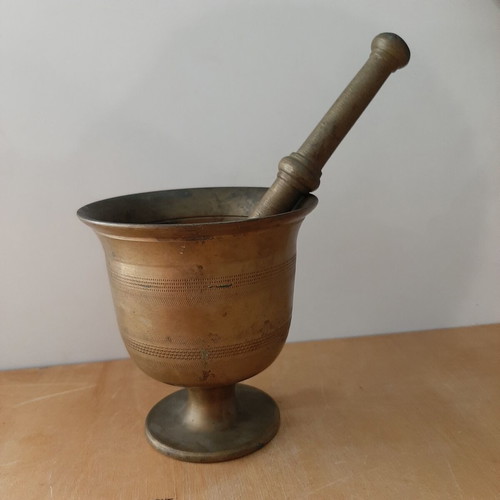 Bronze mortar and pestle used, vintage kitchen decoration