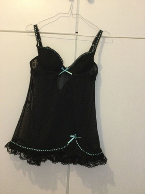 Ann Summers Babydoll size UK 34C EUR 75C black with turquoise ribbon like new